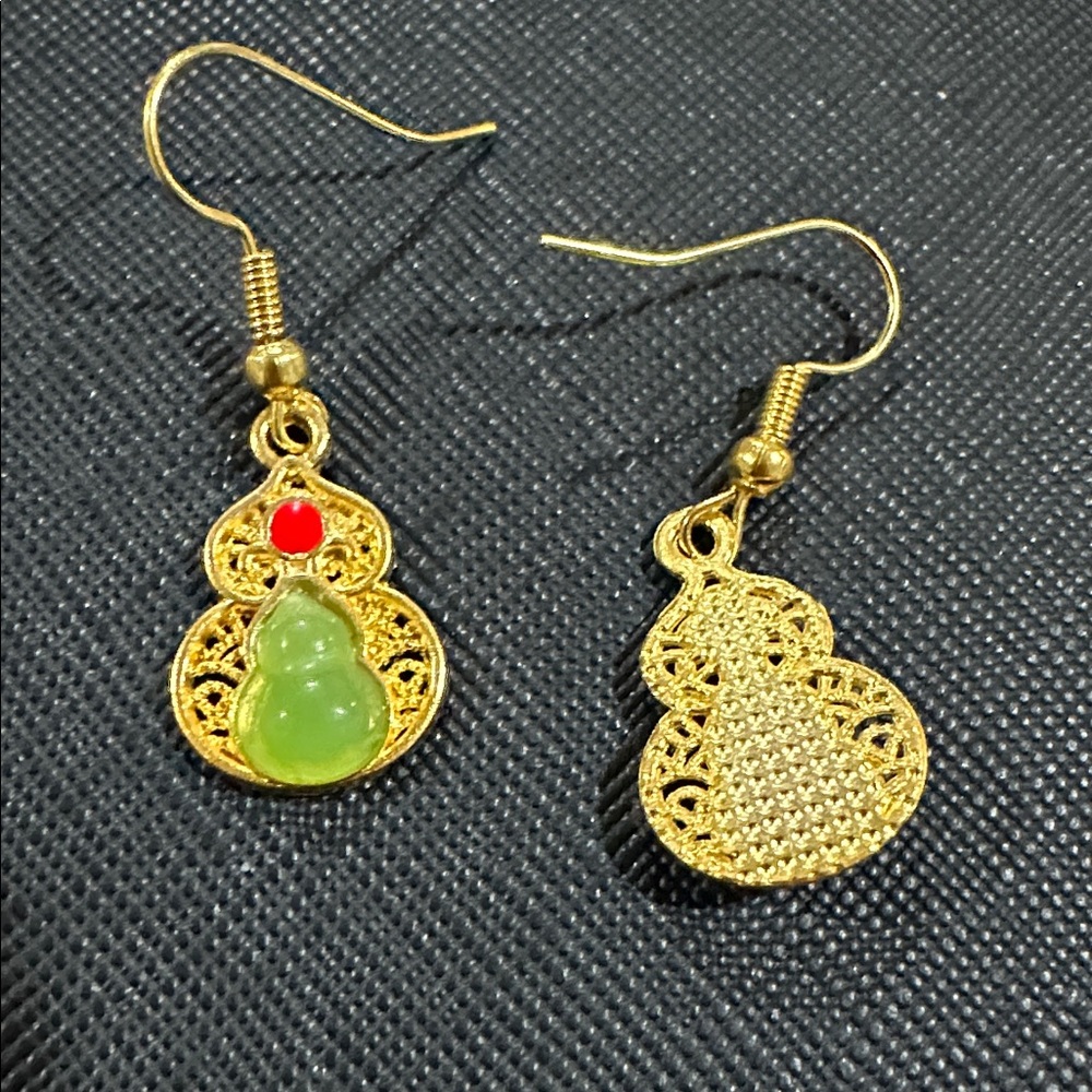 Jade Prosperity Hulu Earrings French Hooks in 18k Gold Tone-